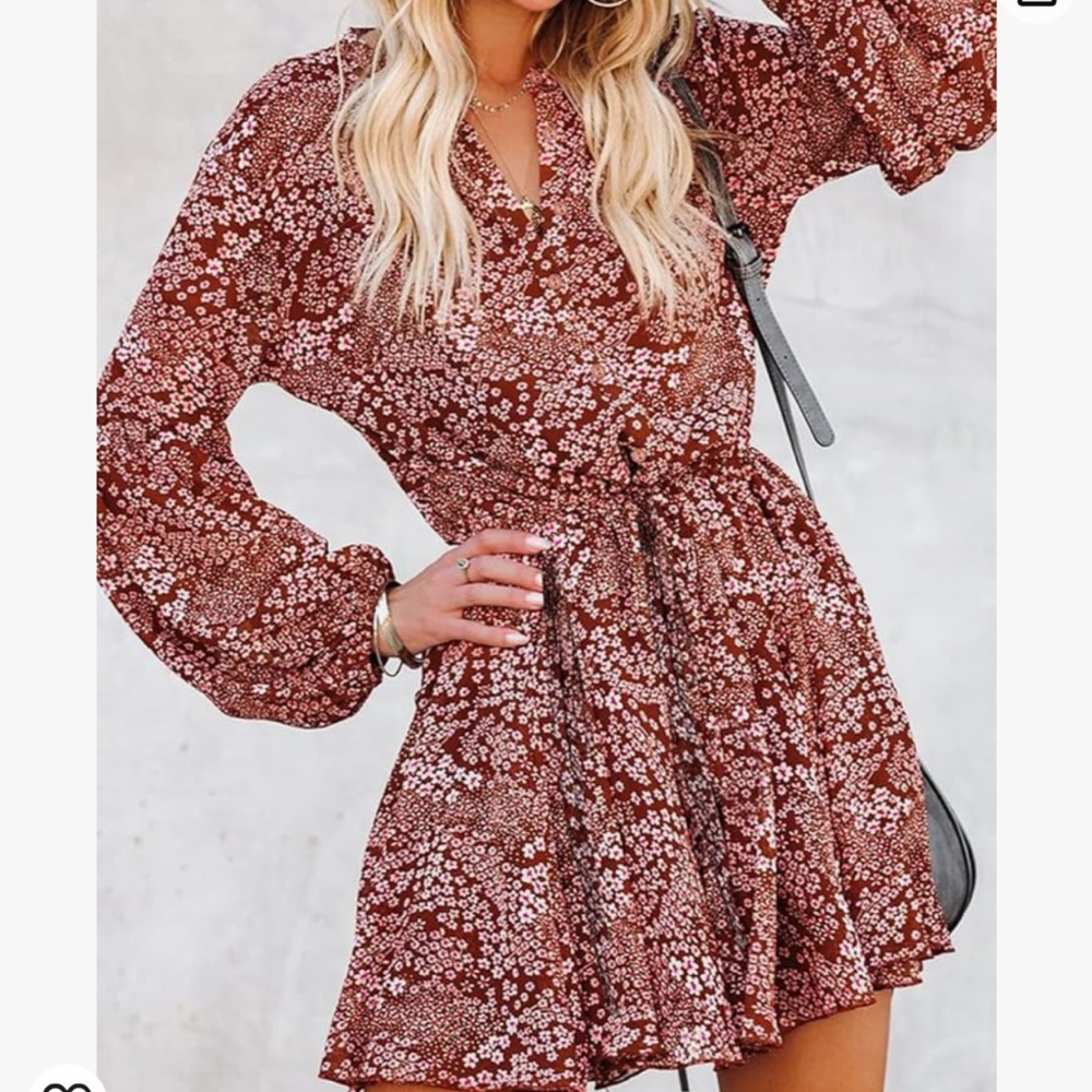 Floral Print Dress With Lantern Long Sleeve And Tie Waist Dress
